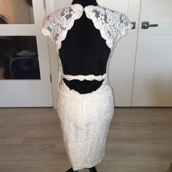 Jovani White/Nude Lace & Crochet Midi Dress 🌼 - Picture 2 of 8